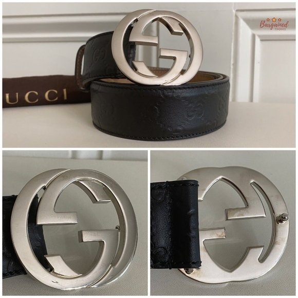 Authentic Gucci Black Guccissima Leather Silver Interlocking G Buckle Belt 95/38 - Picture 2 of 13